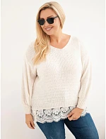 Dámský svetr Plus Size s krajkovým spodkem světle béžový