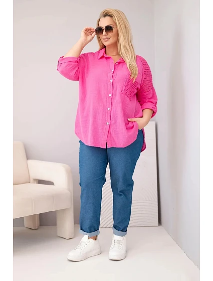 Dámská viskózová košile Plus Size s límečkem a krajkovou vsadkou růžová