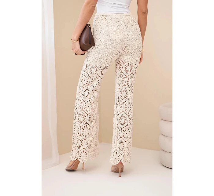 Dámske bavlnené nohavice azura so širokými nohavicami a elastickým pásom béžovej farby