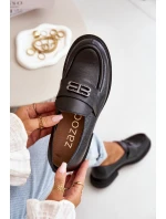 Zazoo 20174 Skórzane Eleganckie Półbuty Damskie Na Płaskim Obcasie Czarne