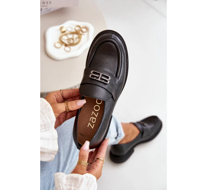 Zazoo 20174 Skórzane Eleganckie Półbuty Damskie Na Płaskim Obcasie Czarne