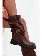 Vlněné dámské kozačky do  s pásky a přezkami hnědé model 21711786 - Boto