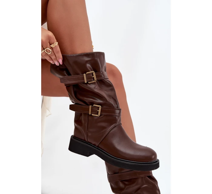 Vlněné dámské kozačky do  s pásky a přezkami hnědé model 21711786 - Boto