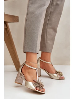 Sandały Skórzane Na Słupku Z Ozdobą Laura Messi 2758 Złote