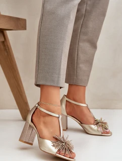 Sandały Skórzane Na Słupku Z Ozdobą Laura Messi 2758 Złote