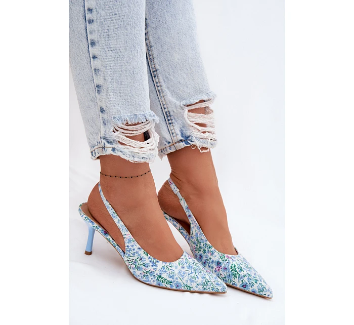 Ozdobené dámské sandály na jehlovém podpatku s květinovým vzorem modré Olivelle