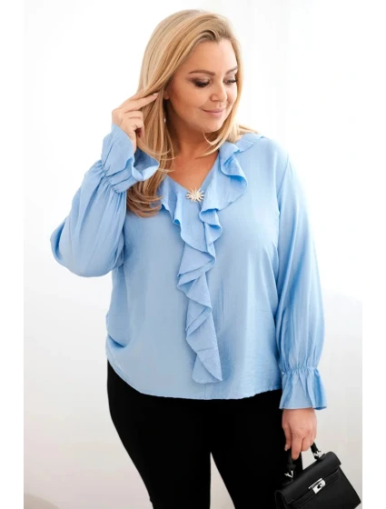 Plus veľkosť dámske viskózové blúzka s volánom a ozdobné brošne modrá