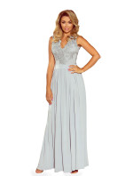 Dlhé dámske šaty v striebornej farbe bez rukávov as vyšívaným výstrihom model 6405966