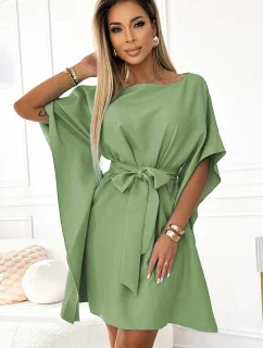 287-27 SOFIA Motýlie šaty so zaväzovaním v páse - OLIVE