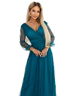 Dlouhé maxi šaty s rukávy a obálkovým výstřihem lahvově zelené model 22045483 - numoco basic Dlouhé maxi šaty s rukávy a obálkovým výstřihem lahvově zelené model 22045483 - numoco basic