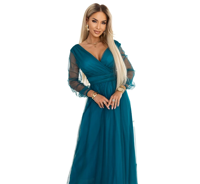 Dlouhé maxi šaty s rukávy a obálkovým výstřihem lahvově zelené model 22045483 - numoco basic Dlouhé maxi šaty s rukávy a obálkovým výstřihem lahvově zelené model 22045483 - numoco basic