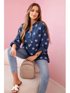 Dámska ľanová blúzka s kvetinovým vzorom, dlhými rukávmi a gombíkmi Denim