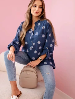Dámska ľanová blúzka s kvetinovým vzorom, dlhými rukávmi a gombíkmi Denim