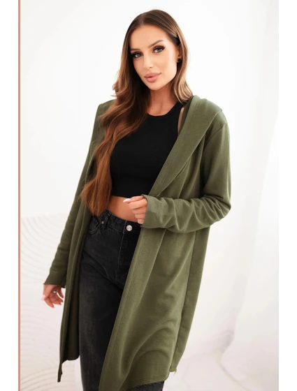 Dámská mikina z bavlny s kapucí a prodlouženým předním dílem khaki