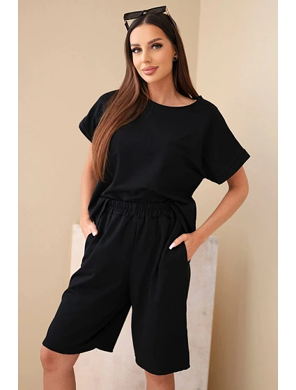 Dámský bavlněný komplet triko s krátkým rukávem a šortky s gumou v pase černá