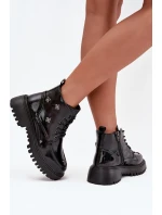 Skórzane Ocieplane Botki Damskie Z Ozdobami Lakierowane Artiker 57C0345 Czarne