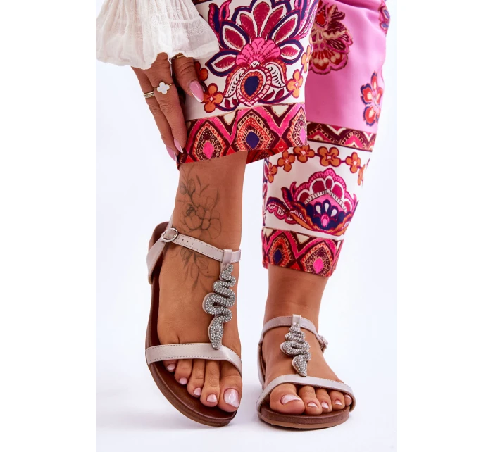 Skórzane Sandały Z Ozdobnym Wężem S.Barski KV-5541-42 Beżowe