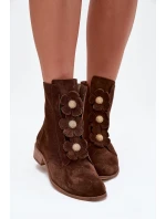 Zamszowe Botki Damskie Z Ozdobnymi Kwiatkami Zazoo 3085 Brązowe