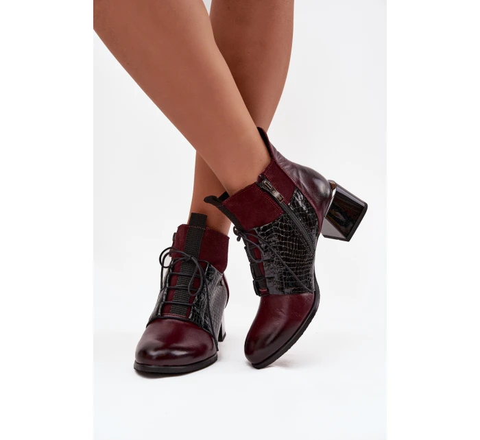 Zazoo 60503 Skórzane Botki Na Obcasie Ocieplane Bordowe