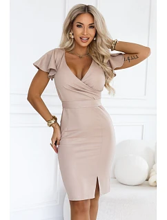 479-16 NINA – elegantné šaty s výstrihom do V, rukávmi a opaskom – tmavo béžové s brokátom