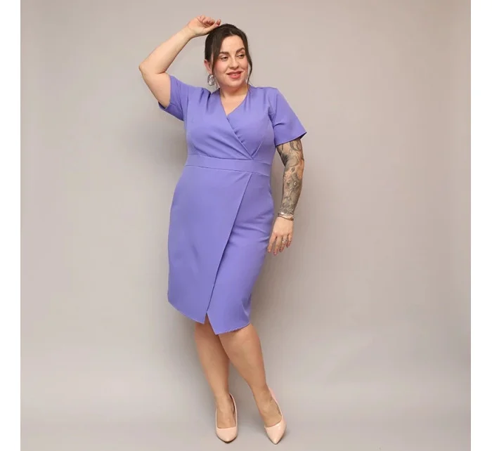 Fialové dámske skladané obálkové šaty po kolená (743)
