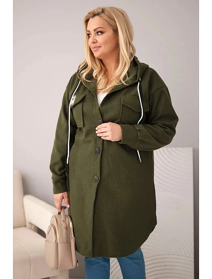 Dámske Plus veľkosť kabát s kapucňou s gombíkom uzavretie Khaki Dámske Plus veľkosť kabát s kapucňou s gombíkom uzavretie Khaki
