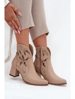 Skórzane Ażurowe Botki Damskie Na Słupku Zazoo 3647 Jasnobeżowe