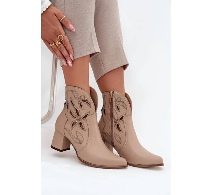 Skórzane Ażurowe Botki Damskie Na Słupku Zazoo 3647 Jasnobeżowe