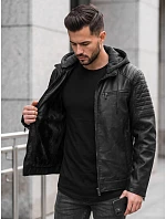 Pánska kožená zateplená bunda s kapucňou, čierna, FashionStreet TX5143 Pánska kožená zateplená bunda s kapucňou, čierna, FashionStreet TX5143