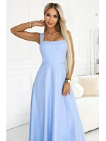 Dlouhé šaty s rozparkem a výstřihem modré s třpytkami model 22090126 - numoco