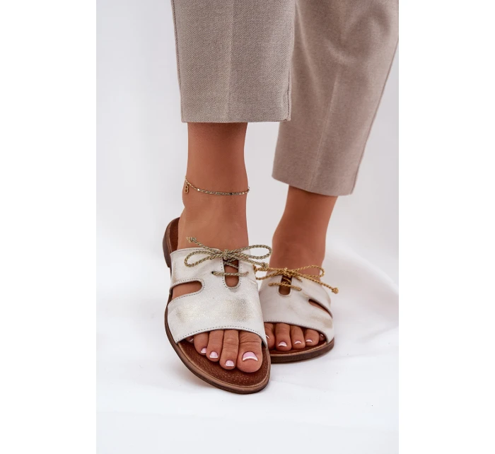 Skórzane Klapki Damskie Na Płaskim Obcasie Zazoo 3022 Złoty Przecierany