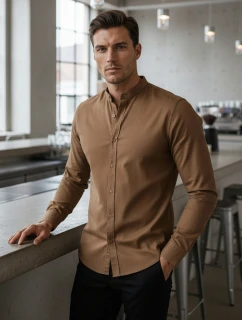 Pánská neformální košile SLIM FIT se stojáčkem káva Dstreet DX2592