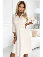 Béžové dámské rozšířené košilové šaty s páskem model 20215337 - numoco Béžové dámské rozšířené košilové šaty s páskem model 20215337 - numoco