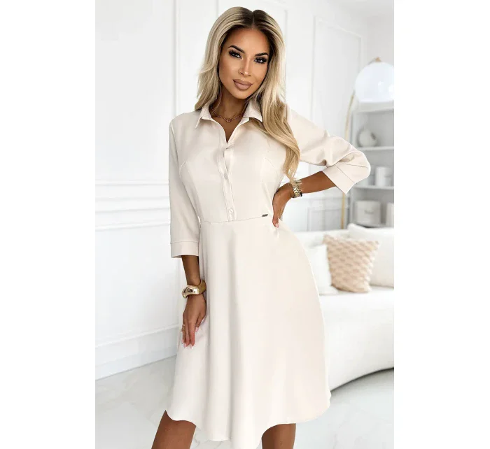 Béžové dámské rozšířené košilové šaty s páskem model 20215337 - numoco Béžové dámské rozšířené košilové šaty s páskem model 20215337 - numoco