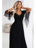 Dlouhé lehké třpytivé šaty s výstřihem a rukávy černé model 21802210 - numoco basic Dlouhé lehké třpytivé šaty s výstřihem a rukávy černé model 21802210 - numoco basic