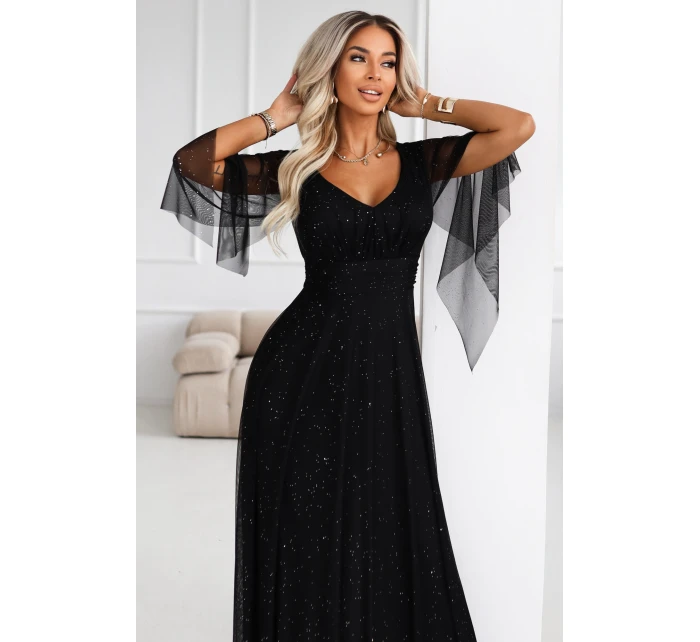 Dlouhé lehké třpytivé šaty s výstřihem a rukávy černé model 21802210 - numoco basic Dlouhé lehké třpytivé šaty s výstřihem a rukávy černé model 21802210 - numoco basic
