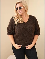 Dámský svetr Plus Size s výstřihem do V a širokým rukávem hnědý