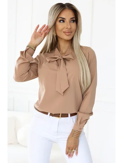 140-27 Blúzka s dlhými rukávmi a viazaním vpredu - MOCHA MOUSSE