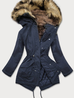 Tmavomodrá prešívaná dámska zimná bunda s kožušinou (M-137)