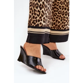 Lakierowane Klapki Damskie Na Koturnie Czarne Nelithin Lakierowane Klapki Damskie Na Koturnie Czarne Nelithin