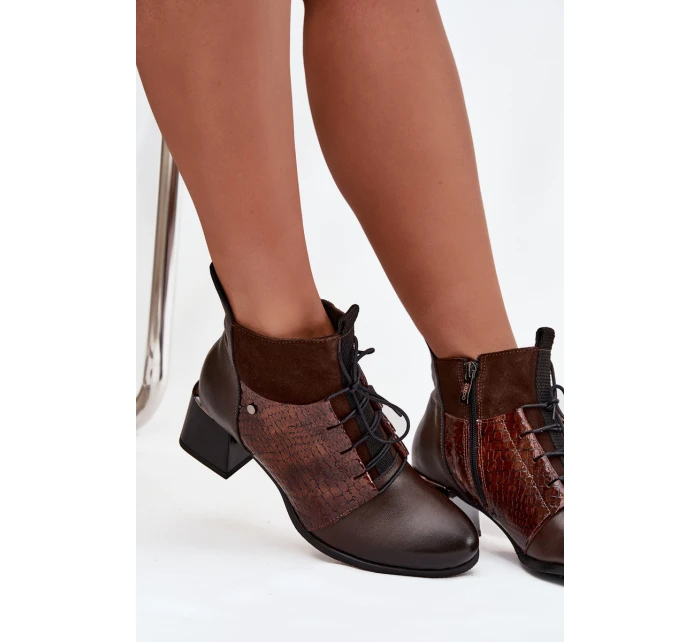 Zazoo 60503 Skórzane Botki Na Obcasie Ocieplane Czekoladowe