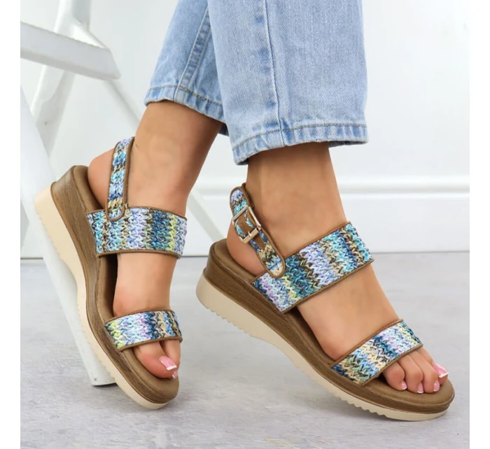 Dámske sandále na podpätku modré pletené Potocki 45302