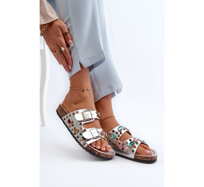 Zdobione Klapki Damskie Z Klamrami S.Barski MY121 Srebrne