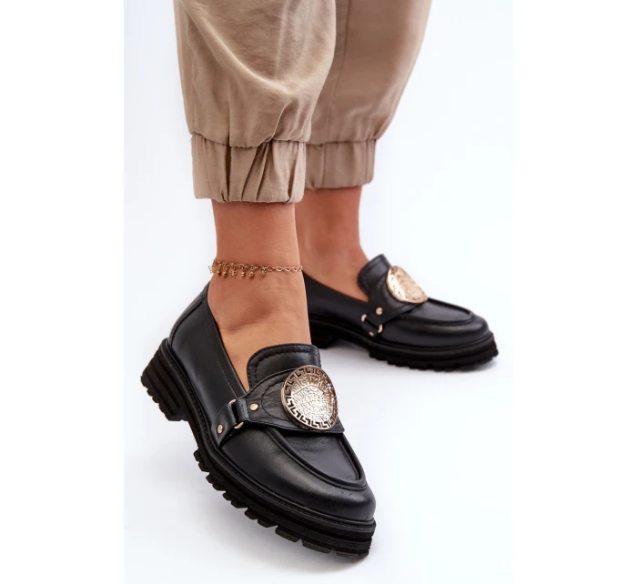 Zazoo 3485 Mokasyny Damskie Ze Złotą Ozdobą Skóra Naturalna