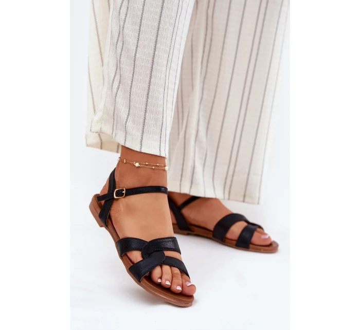 Płaskie Połyskujące Sandały Damskie S.Barski KV51-022 Czarne