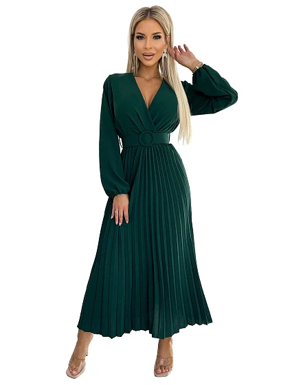 Dámské plisované midi šaty v lahvově zelené barvě s výstřihem, dlouhými rukávy a širokým opaskem model 22305960 - numoco basic
