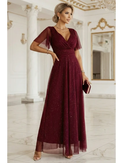 635-5 MELANIA dlhé lesklé šaty s výstrihom a krátkymi rukávmi - bordové 635-5 MELANIA dlhé lesklé šaty s výstrihom a krátkymi rukávmi - bordové