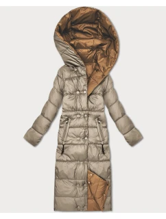 Béžovo-hnedá obojstranná zimná bunda po kolená Minority (P3-6017-62+301)
