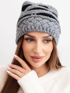 Dámska zimná čiapka z vlny v hrubom úplete a pruhoch K465 sivá + čierna