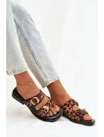 Dámské pantofle se zlatými sponami Leoparda Černo-hnědé Danelle